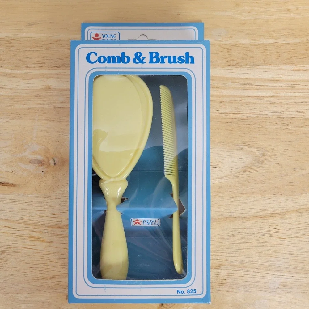 Vintage Young Times Baby Comb & Brush Set No 825 Yellow Infant Grooming Retro